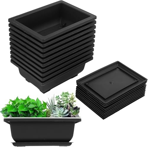 Smallterm 10 Packs Bonsai Training Pots with Tray Plastic Bonsai Plants Growing Pot for Garden Yard Living Room Balcony 16.5X12cm