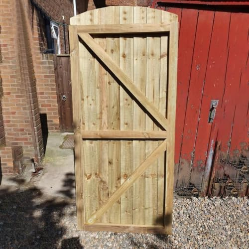 180cm x 83cm Wooden Garden Gate | Pressure Treated Feather Edge Timber Gate | Dome Top Heavy Duty 6cm Thick Semi-Braced Side Gate