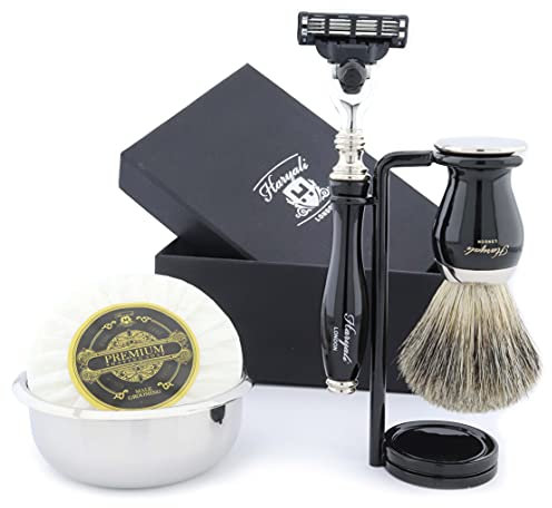 Haryali London Schwarz Rasierset - 5-teiliges Rasierset - 3 Rasierklingen Rasierhobel - Super Dachshaar Rasierpinsel - Rasierständer - Rasierseife und Rasierschale