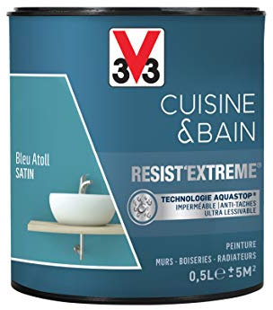 V33 Peinture multi-supports monocouche Cuisine & Bain Resist'Extrême® Satin, Bleu Atoll, 0,5L