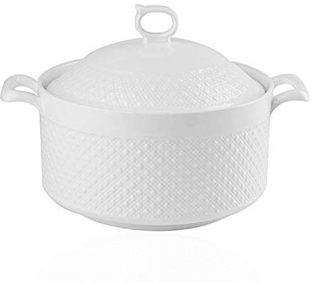 Double Handle Lid Pure White Ceramic Tureen Soup Ceramic Round White Dish Casserole/Clay Pot/Earthen Pot/Ceramic Cookware with White Lid Heat-Resistant for Gift Box (9 inches)