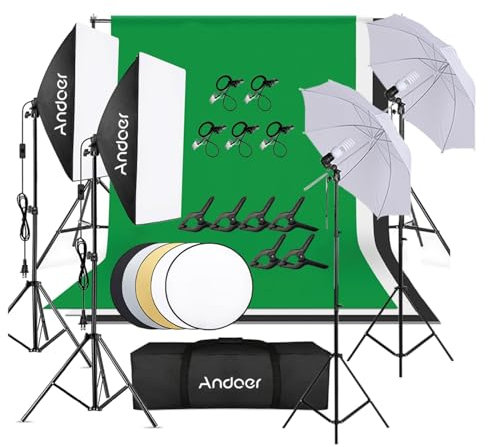 Andoer Kit Fondo Fotográfico Estudio,Softbox de 45W,Paraguas de Luz Suave de 45W,iluminación Profesional,1.8x2.7m Tela de Fondo(Negro/Blanco/Verde) con Sistema de Soporte,para Fotografía y Vídeo