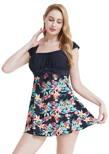 Wantdo Women's One-Piece Swim Dresses Plus Size Skirtini Cover Up Swimsuits with Skirt Summer Bikini Swimming Costume Rhododendron Print 20-22