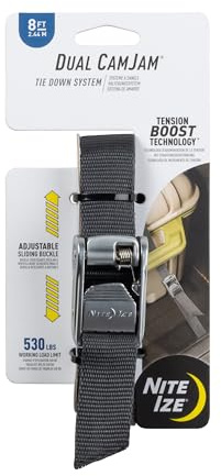 Nite IZE Dual CamJam Tie Down System - Tie Downs - Ratchet Straps - Tie Down Straps for Trucks & Cars - Luggage Strap for Camp Gear - Tie Downs Moving Supplies - 8 ft Strap, Black
