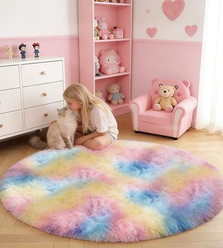 ROHATIM Alfombras Salón Redonda Pelo Largo Alfombra Habitación Dormitorio Lavables Alfombra Antideslizante Muy Suave para salón o Dormitorio, Alfombra esponjosa de Cama(arcoíris,Ø 100 cm Ronda)