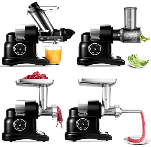 AMZCHEF Extractor 4 EN 1 - Extractor de Zumos y Verduras/Ralladores Eléctricos/Picadora de Carne/Elaborador de Salchichas - Juicer con Apertura de 80mm con Accesorios Multifuncionales - Negro