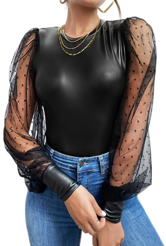 WDIRARA Women's Faux Leather Sheer Puff Long Sleeve Slim Top PU Crew Neck Blouse Black Medium