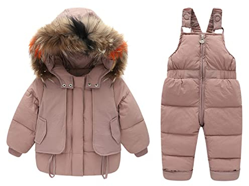 Boodtag 2pcs Unisex Baby Kids Puffer Winter Warm Hooded Down Coat with Snowsuit Snow Bib Pants Ski Suits Outfit Set Pink 2-3 Years