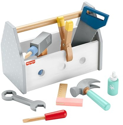 Fisher-Price Coffret Boîte à Outils en Bois Comprenant Une perceuse factice, Jeu d’Imitation avec 9 pièces en Bois, pour Les Enfants à partir de 3 Ans, HYG50