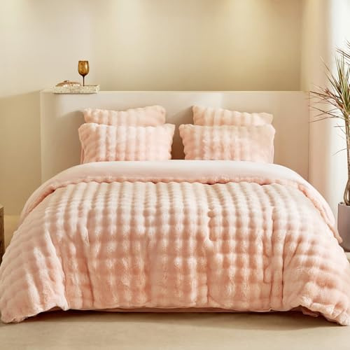 Lekesky Fluffy Double Duvet Cover, Shaggy Faux Fur Fleece Duvet Cover, Soft Warm Teddy Fleece Bedding Set - 3pcs (1x Duvet Cover + 2x Pillowcases), Pink