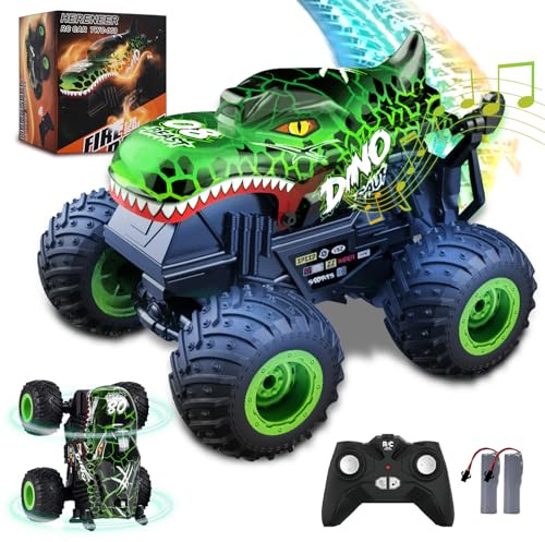 IEEILULU Coche teledirigido dinosaurio, todo terreno RC Cars con rotación de 360°, luz LED, RC Monster truck recargable, juguete de dinosaurio, regalo para niños a partir de 3, 4, 5, 6, 8, 10 años