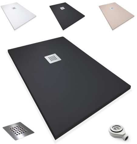 Platos de Ducha Antideslizantes de Resina, Antibacterianos, Resistentes al Calor y Rayados, Nula Absorción de Agua, Blanco, Negro y Beige (Negro, 80 x 90)