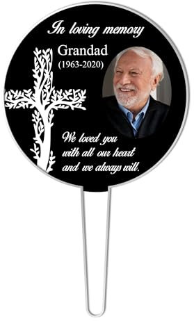 In Loving Memory Black Acrylic Grave Sign with Cross and Photo - Customisable Memorial Tribute for Grandad, Dad, Mum, or Nanny - Personalised Grave Marker, We Loved You with All Our Heart