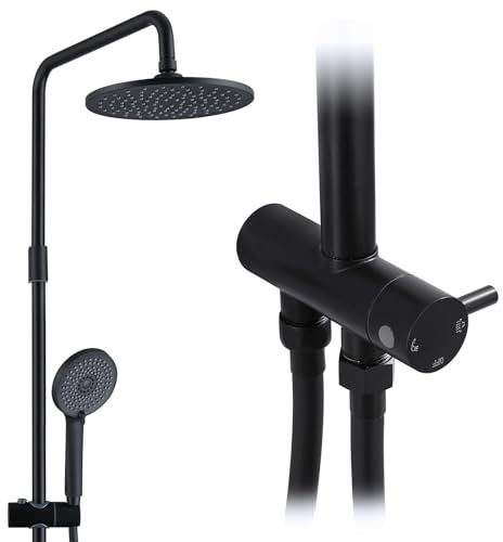 HOMELODY Regendusche Duschsystem ohne Armatur, Schwarz Handbrause mit 4 Funktionen, Edelstahl Duschset mit Kopfbrause Rund, Duschstange SUS304