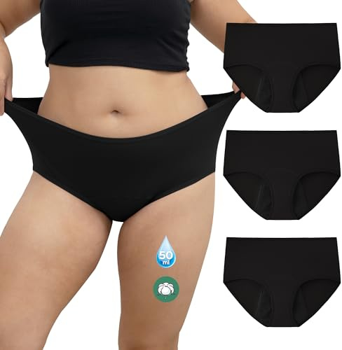 INNERSY Period Pants Heavy Flow Plus Size Postpartum Underwear Pack of 3 | Cotton Menstraul Full Briefs, Washable Incontinence Panties, Leakproof Knickers, C Section After Birth, Day & Night, UK 16-32