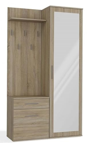 BDW Set di 5 appendiabiti con specchio, armadio con anta e cassetto, stile moderno, 180 x 100 x 35 cm (rovere Sonoma)