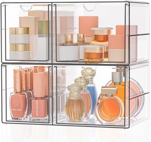 SortNStore Make Up Organizer mit 4 Schubladen: 2er-Set Acryl Organizer mit Anti-Rutsch-Pads | Stapelbare Schubladenbox für Kosmetik, Schmuck & Schreibwaren