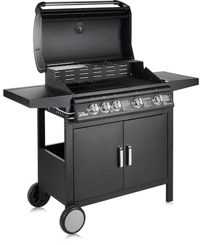 Fire Mountain Everest Generation 2 5 Burner Gas BBQ with Side Burner, Outdoor Barbecue Grill, 4 Main + 1 Side Gas Jet, Lid with Built-in Thermometer, Family Sized Cooking Area