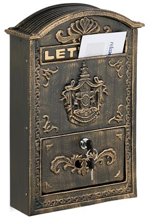 Relaxdays Buzón Exterior Vintage, Casillero Correo Adornado, 42 x 28 x 10 cm, Ranura Cartas A4, 2 Llaves, Bronce/Dorado, Hierro, Aluminio