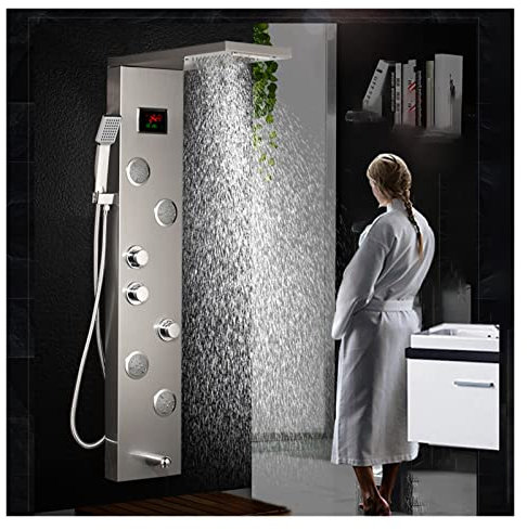 Pannello doccia, Pannello doccia LED di lusso nero/spazzola a torre Miscelatore for montaggio a parete Rubinetto Doccia a mano Schermo temperatura massaggio SPA(Style 01 With LED)