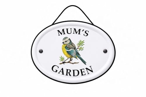 Mum’s Garden Hanging Sign 12 x 15 cm Oval Metal Plaque with Bird Design Outdoor Garden Fence Shed Door Decoration