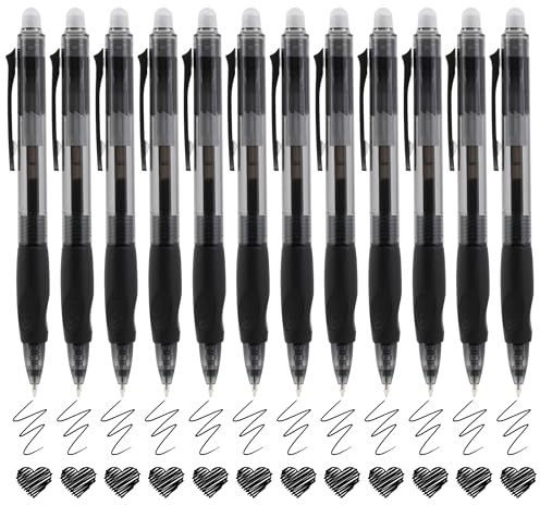 USUAL Retractable Erasable Pens 12 Black Erasable Gel Pen 0.5mm Erasable Gel Pens Black Make Mistakes Disappear Smooth Writing Pen Office Back-to-School Supplies (Black)