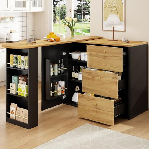 PUGSDRLY Table de Bar Extensible avec Espace de Rangement,Table Bar Cuisine Pivotant à 360°,1 Porte et 3 Tiroirs,Compartiment Ouvert,Comptoir de Cuisine (F, Noir)