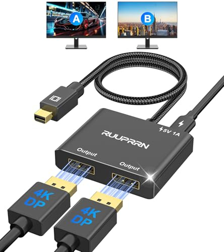RUUPRRN Mini DisplayPort to Dual DisplayPort Adapter,4K60Hz Thunderbolt 2 Male to 2 DP Female Splitter Extended Display Adapter, Mini DP 1.4 Spitter for MacBook Air/Pro,Mac mini,Surface Pro/Dock