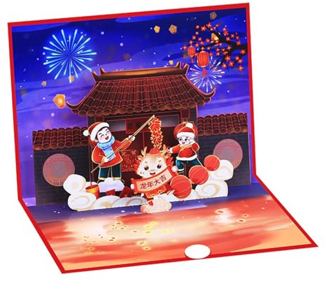 Tarjeta de felicitación emergente del año nuevo chino con diseño de dragón, plegable, con sobre, para decoración de festivales de primavera