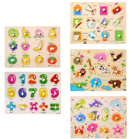 LeeQinersw 5 Piezas Rompecabezas de Madera Juego de Aprendizaje Juguete Educativo Puzle de Encastre Y Juego Preescolar con Agarre Fácil Adecuado para Regalos de