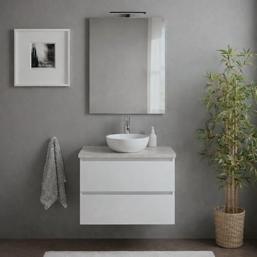 Kiamami Valentina - Mobile Bagno Sospeso 60 cm Bianco Lucido con Top Beton, 2 Cassetti, Specchio con Luce 60x80