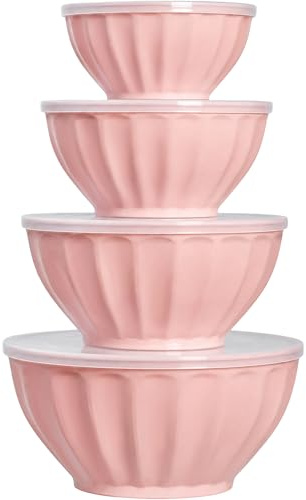 BoxedHome Mixing Bowls Set with Lids, Thick-Walled, Nesting Salad Bowls for Prepping, Mixing, Serving, Baking, 5.6L/3.9L/2.9L/1.7L, Dishwasher & Microwave Safe, BPA-Free Plastic, Set of 4, Pink