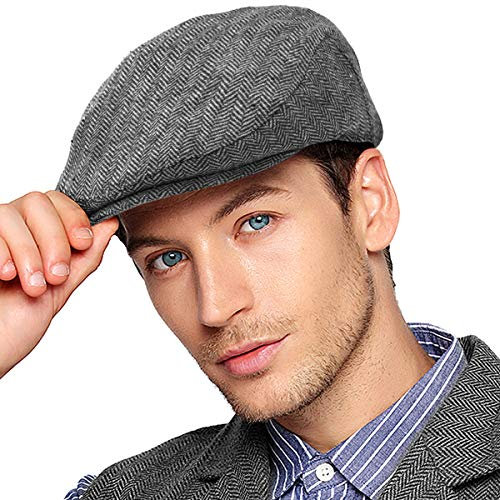 Herringbone Flat Ivy Newsboy Cap für Herren Klassische Wollmischung Tweed Cabbie Hut, 003 Grau, L/XL