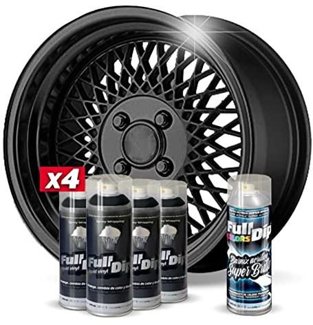AutoFullCar - Pack 4 Sprays Full Dip Negro Metalizado + 1 Spray Barniz Acabado Brillo - Vinilo Líquido - 400 ml. Unidad - Wrapping
