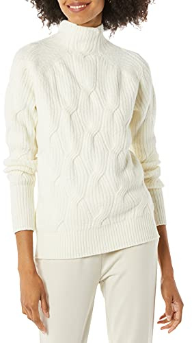 Amazon Essentials Suéter Trenzado Suave al Tacto con Cuello Embudo para Mujer, Color Marfil, Talla S