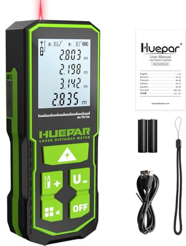 Medidor de Distancia láser Huepar 120M con batería Recargable y Pantalla de Doble ángulo, Medidor láser M/in/Ft con función de Silencio y Modos de medición múltiple, Pitágoras, Distancia - S120
