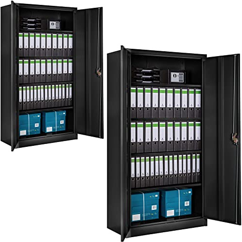tectake® Lot de 2 Armoire de Bureau métallique 180x90x40 cm avec Serrure Rangement Bureau avec 5 Compartiments pour Classeur Rangement Documents Industriel Meuble 2 Portes, 4 Étagères Réglables