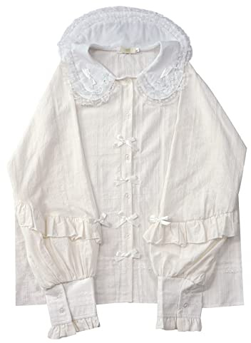Blusa y camisas de manga larga para mujer, estilo vintage, gótico, Lolita, con cuello de Peter Pan, elegantes blusas vintage con volantes de encaje, Blanco, Talla única