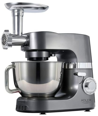 ADLER EUROPE AD 4221 Küchenmaschine, Planetenroboter, 2200W, 7L Edelstahlschüssel, 6 Geschwindigkeiten, 4in1 multifunktionale Rührmaschine, Knetmaschine, Fleischwolf, Anti-Spritzdeckel, neiger Kopf