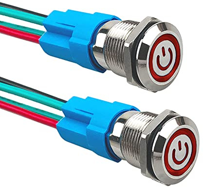 Aiqeer 2 Pièces 12 mm Commutateur Bouton-Poussoir Auto-Bloquant, 12V / 24V 3A Interrupteur à Bouton-Poussoir en Acier Inoxydable Étanche IP66, avec Prise Pré-Câblée (LED Rouge)