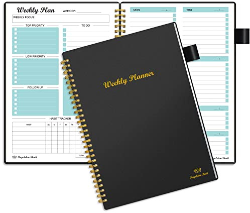 Regolden-Book Weekly Planner Weekly Goals Schedule Planner with Spiral Binding To Do List Notebook Calendars Organizers Habit Tracker Journal Pocket Pen Loop 53 Weeks (7x10) Black