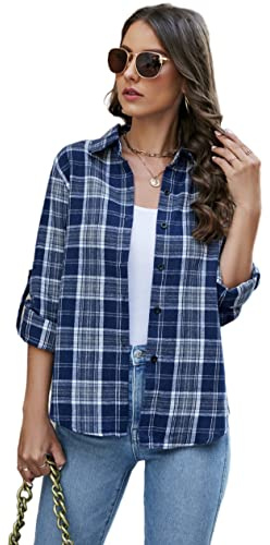 Famrrifuu Donna Classico Bluse e Camicie Quadri Flanella Camicetta Manica Lunga Casual Cotone Shirts Vintage,Blu,XXL