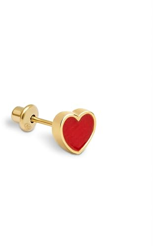 SINGULARU - Orecchino Singolo Heart Red Enamel. Motivo Cuore in Argento Sterling 925 con Placcatura Oro 18Kt. Chiusura a Vite. Gioielli da Donna