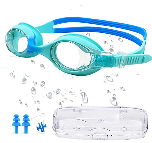 CYCFMYYLY Kids Swimming Goggles, Goggles 6-14, Anti-Fog No Leak Proof Uv Resist Swim Childrens Boys Girls Food Grade Silicone Comfort with Nose Clip(Age 3-14) Blue
