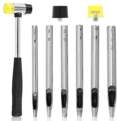 Rustark 9 Stück 6 Größe Oval Locheisen Set für 2mm-4mm Leder Hohl Punch mit Doppeltem Gesicht Kunststoff und Gummi Hammer, Leder Oval Stanzwerkzeug Set für DIY Handwerk