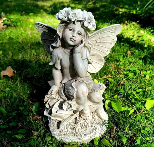 Statua da giardino fatata per esterni, 32 cm, angelo custode che tiene il viso su base floreale, scultura decorativa da giardino in resina impermeabile, regalo unico per patio, balcone, cortile,