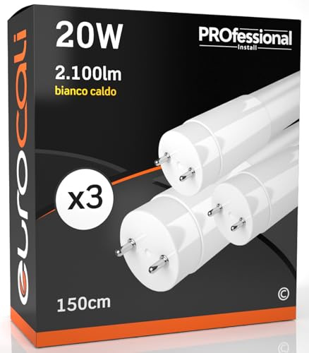Eurocali 3x Tubi LED 150cm G13 T8 20W 2100 lumen - Luce Bianco Caldo 3000K - Fascio Luminoso 160° - Sostituzione Neon