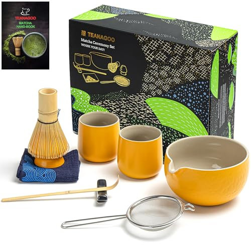 TEANAGOO Matcha Set Matcha Whisk Matcha Bowl with Pouring Spout Scoop Matcha Whisk Holder Tea Making Kit. Tea Set (7pcs) + 2Cups(7.2oz),S18,Yellow,Color Box