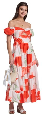 Alexis Leroy Robe de Plage Longue Femme Style bohème Robe Imprimées à Manches Ballons Haut de Gamme Femme Ete Robe Chic Impression Orange XL