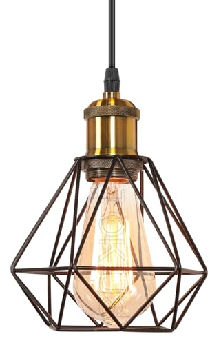 TOKIUS Retro Hängelampe 16CM Vintage Pendelleuchte Industrial Lampe Käfig Schwarz Lampenschirm aus Eisen mit E27 Fassung Messing Industrie Lampe für Flur Küche Schlafzimmer (1-flammige Hängeleuchte)
